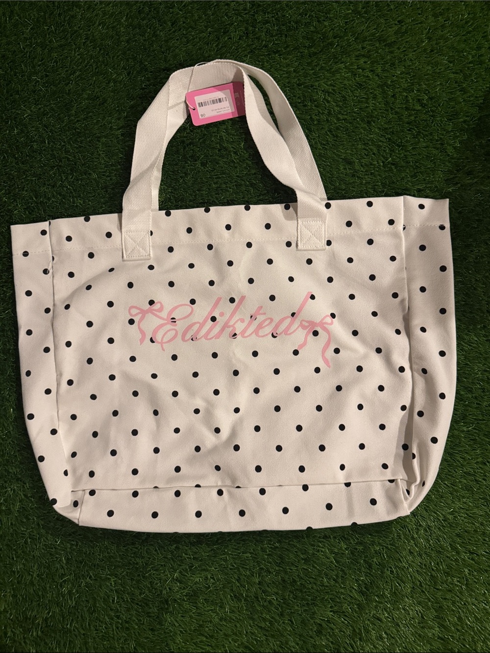 Edikted White Polka Dot Tote with Pink Script Logo